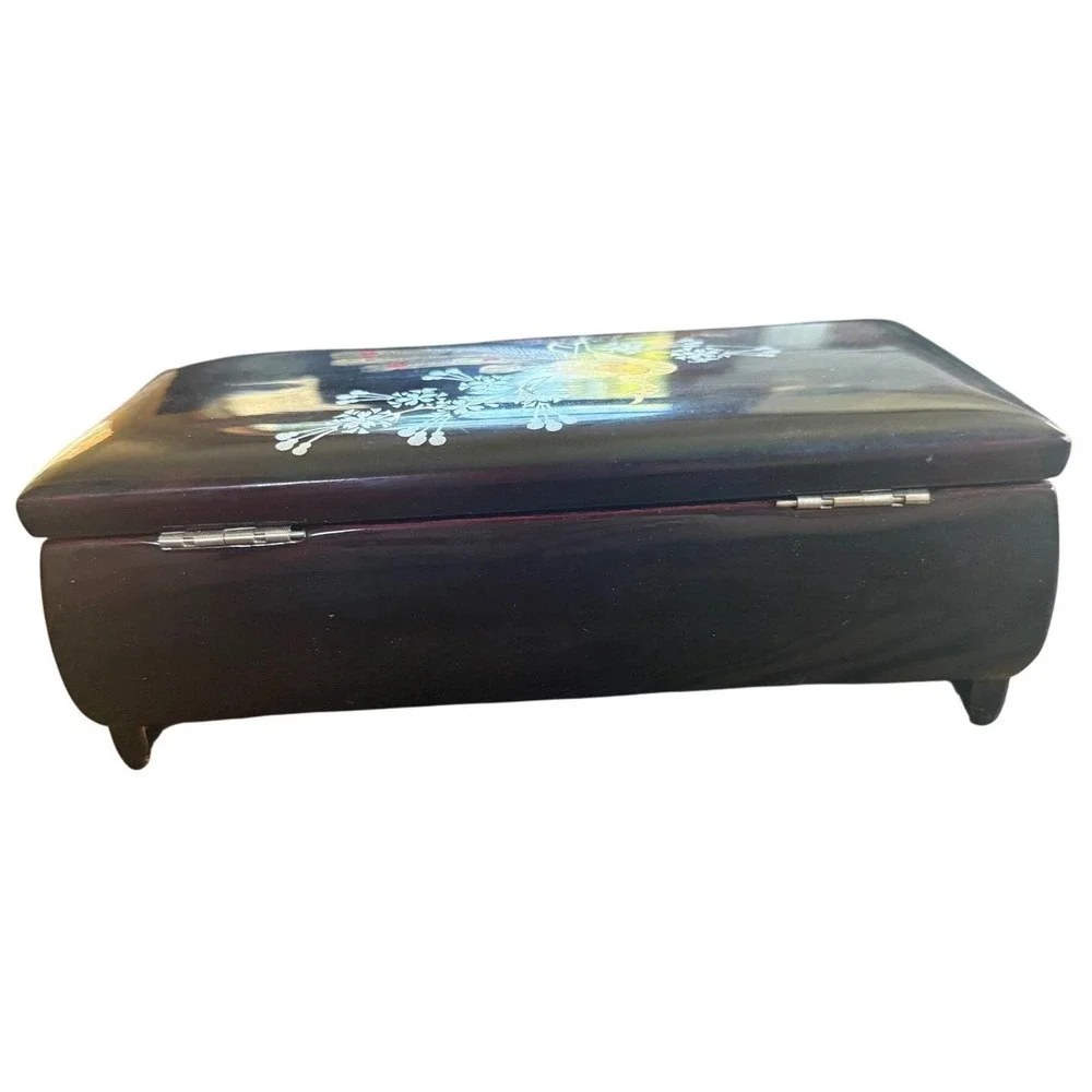 Vintage Japanese Black Lacquer Jewelry Box Peacock Cherry Blossom Mirror